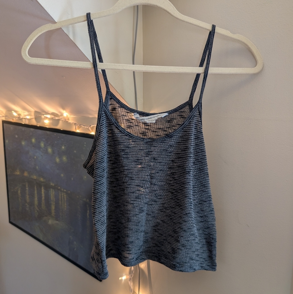 American Eagle Outfitters Gray and Black Striped Double-String Strap Tank